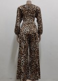 Fall Sexy Leopard Print Tie Puffed Long Sleeve And Loose Pant Two Piece Set