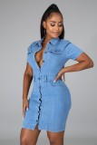 Fall Casual Blue Pockets With Button Open Short Sleeve Jeans Midi Dress