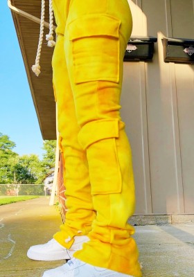 Winter Casual Yellow Tie Dyed Pocket Stacked Pant