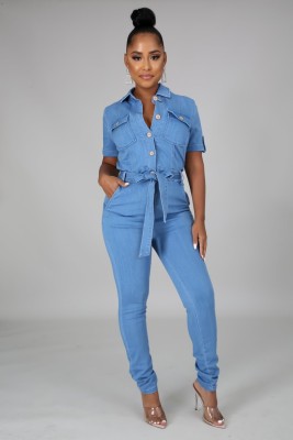 Fall Casual Blue Pockets With Belt Short Sleeve Jeans Jumpsuit