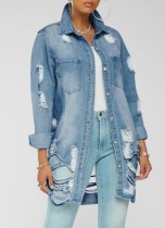 Winter Casual Blue Ripped Long Sleeve Long Jeans Coat