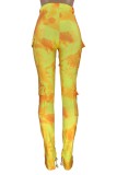 Winter Casual Yellow Tie Dyed Pocket Stacked Pant