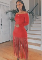 Fall Sexy Red Off Shoulder Tassels Fringe Long Dress