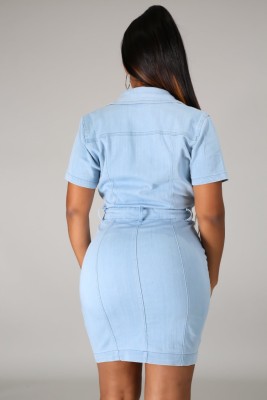 Fall Casual Lt-Blue Pockets With Button Open Short Sleeve Jeans Midi Dress