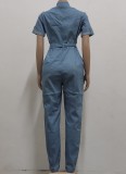 Fall Casual Lt-Blue Pockets With Belt Short Sleeve Jeans Jumpsuit