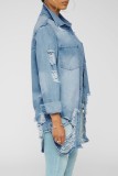 Winter Casual Blue Ripped Long Sleeve Long Jeans Coat