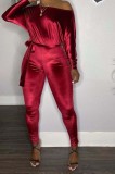Fall Sexy Red Off Shoulder Velvet Long Sleeve With Belt Jumpsuit