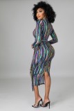 Fall Sexy Colorful Stripe Print Turndown Collar Long Sleeve Long Dress