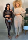 Fall Sexy Nude Beaded Tight Crop Top and Pants Two Piece Set