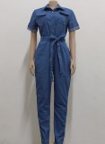Fall Casual Blue Pockets With Belt Short Sleeve Jeans Jumpsuit