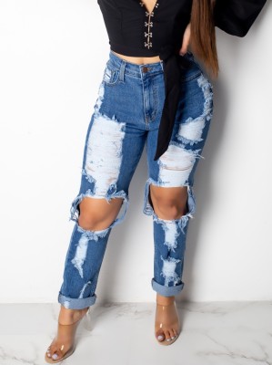 Fall Fashion Blue Casual Ripped Jeans