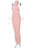 Fall Sexy Pink Halter Cross Neck Keyhole Ruched Long Dress