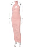 Fall Sexy Pink Halter Cross Neck Keyhole Ruched Long Dress