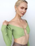 Fall Sexy Green Ribbed Chain Long Sleeve Crop Top