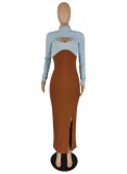 Fall Sexy Blue Contrast Brown Hollow Out High Neck Long Sleeve Slit Long Dress