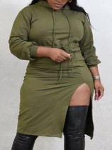 Fall Plus Size Casual Green Ajust Rope Long Sleeve With Hood Slit Midi Dress