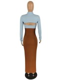 Fall Sexy Blue Contrast Brown Hollow Out High Neck Long Sleeve Slit Long Dress