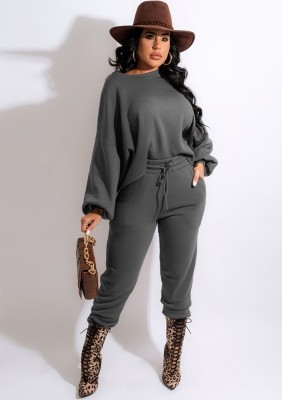 Winter Gray Sports Loose Pullover Shirt and Sweatpants Two Piece Sweatsuits