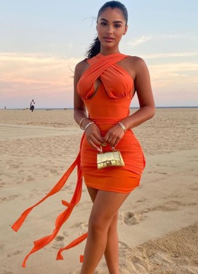 Summer Sexy Orange Hollow Out Bandage Bodycon Dress