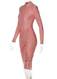 Fall Sexy Pink Round Neck Ruched Irregular Midi Dress