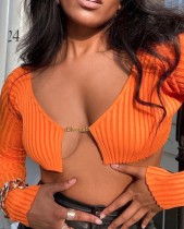 Fall Sexy Orange Ribbed Chain Long Sleeve Crop Top