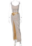 Summer Sexy Golden Sequins Sleeveless Top And Tie Slit Long Dress Two Piece Set