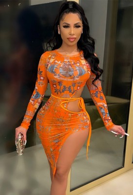 Fall Sexy Orange Print Cutout Bodysuit and Irregular Skirt Set