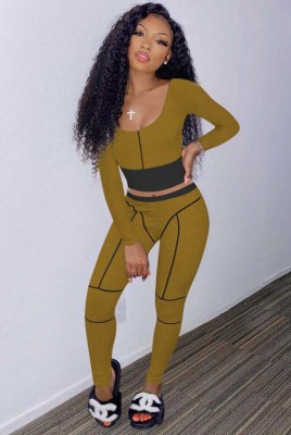 Fall Sexy Olive Green Contrast Tight Crop Top and Pants Set
