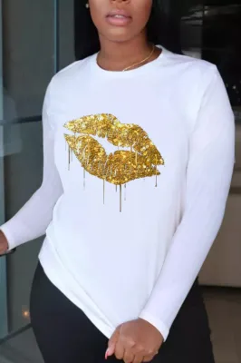 Winter Casual White Lip Print Round Neck Long Sleeve T-Shirt