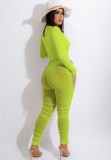 Fall Sexy GreenPlunge Neck Long Sleeve Tight Bodysuit and See Through Ruched Pants Set