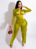 Fall Fashion Green Hollow Out Long Sleeve Tassels Jumpsuit
