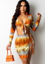 Fall Sexy Printed Orange Tie-knitted Crop Top and Skirt Set