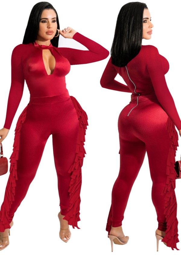 Fall Fashion Red Hollow Out Long Sleeve Tassels Jumpsuit