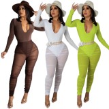 Fall Sexy GreenPlunge Neck Long Sleeve Tight Bodysuit and See Through Ruched Pants Set