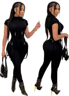 Fall Sexy Black Short Sleeve Slings Tight Top and Pants Set