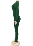 Winter Sexy Green Sequins Zipper Long Sleeve Top And Pant Two Piece Set