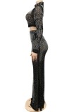 Fall Sexy Black Rhinestone High Neck Long Sleeve Crop Top And Long Dress Two Piece Set