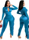 Fall Fashion Blue Hollow Out Long Sleeve Tassels Jumpsuit