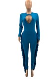 Fall Fashion Blue Hollow Out Long Sleeve Tassels Jumpsuit