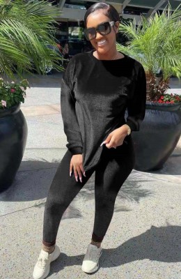 Fall Sexy Black Velvet Loose Long Sleeve Sweatshirt and Tight Pants Set