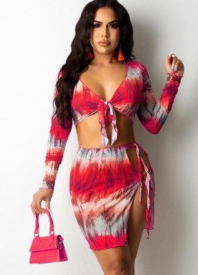Fall Sexy Printed Red Tie-knitted Crop Top and Skirt Set