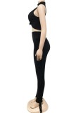 Fall Sexy Black High Neck Sleeveless Top And Tassels Pant Two Piece Set