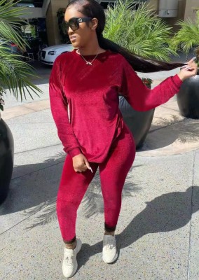 Fall Sexy Red Velvet Loose Long Sleeve Sweatshirt and Tight Pants Set