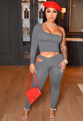 Fall Sexy Gray One Shoulder Crop Top and Cutout Tight Pants Set