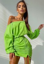 Fall Sexy Green Off Shoulder Lace-up Ruched Mini Dress