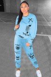 Fall Casual Printed Blue Loose Sweatshirt and Match Sweatpants Set