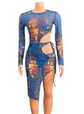Fall Sexy Blue Print Cutout Bodysuit and Irregular Skirt Set