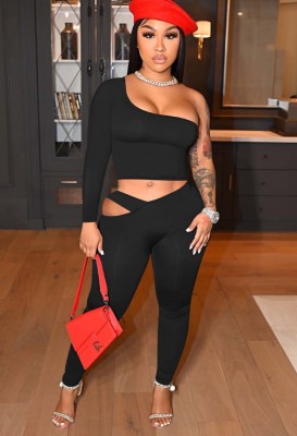 Fall Sexy Black One Shoulder Crop Top and Cutout Tight Pants Set