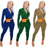 Winter Sexy Kahaki Sequins Zipper Long Sleeve Top And Pant Two Piece Set