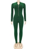 Winter Sexy Green Sequins Zipper Long Sleeve Top And Pant Two Piece Set